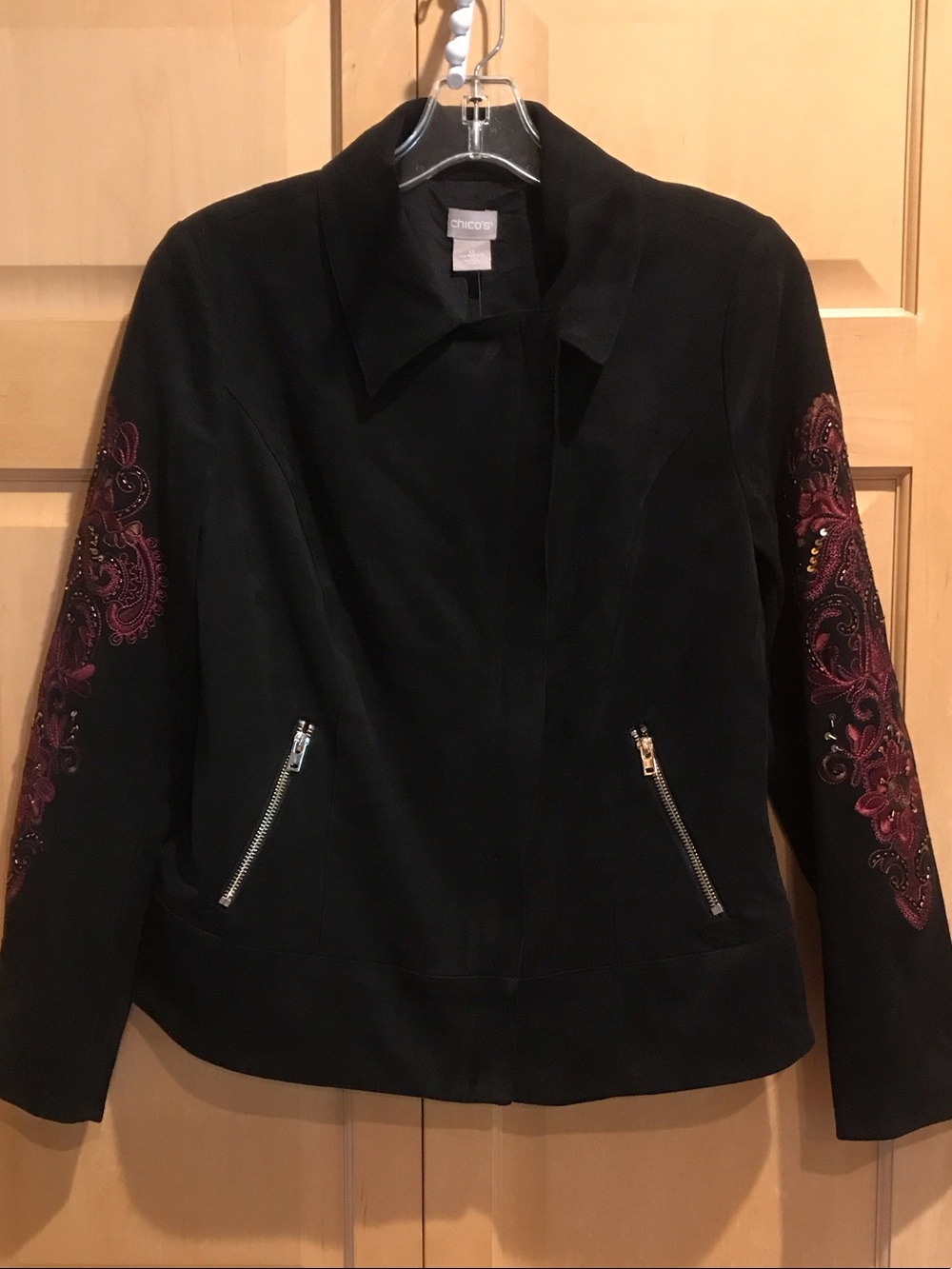 New Chico's Black Faux Suede Jacket with Burgundy Embroidered Sleeves